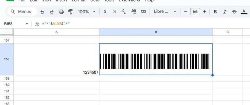 Пример Libre Barcode в Google Таблицах