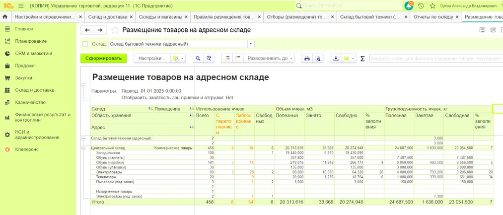 1С Управление торговлей 11.5: размещение товаров на адресном складе