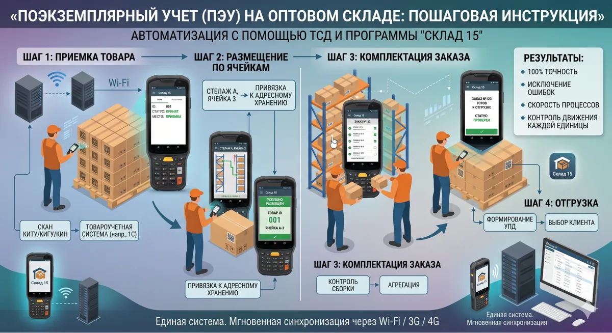 Поэкземплярный учёт (ПЭУ) на оптовом складе: пошаговая инструкция. Как автоматизировать процессы с помощью ТСД и «Склада 15»
