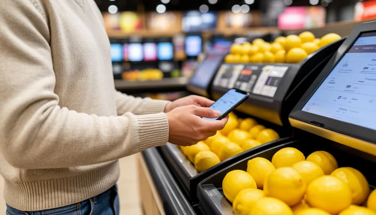 Пример зоны с кассами самообслуживания в супермаркете