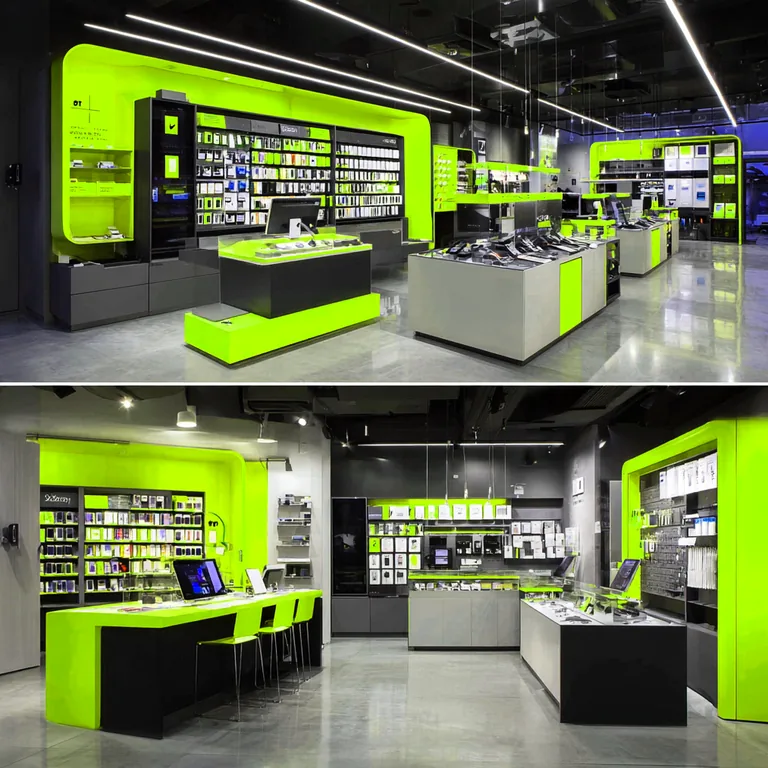 Необычный дизайн магазина электроники с яркими цветовыми акценатами