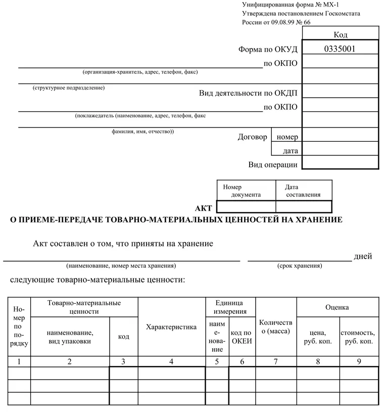 бланк акта передачи товара образец
