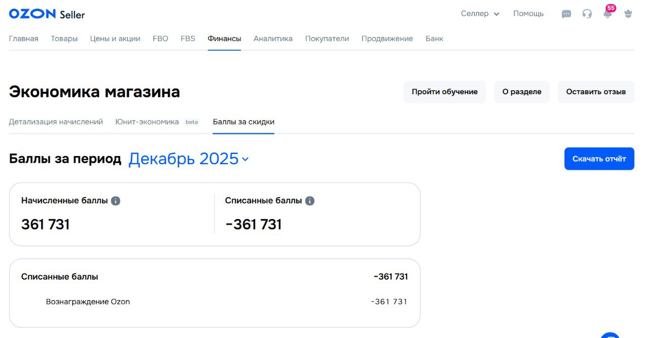 Отчетность по баллам в интерфейсе Ozon