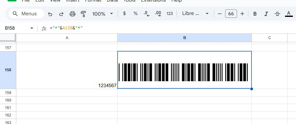 Пример Libre Barcode в Google Таблицах