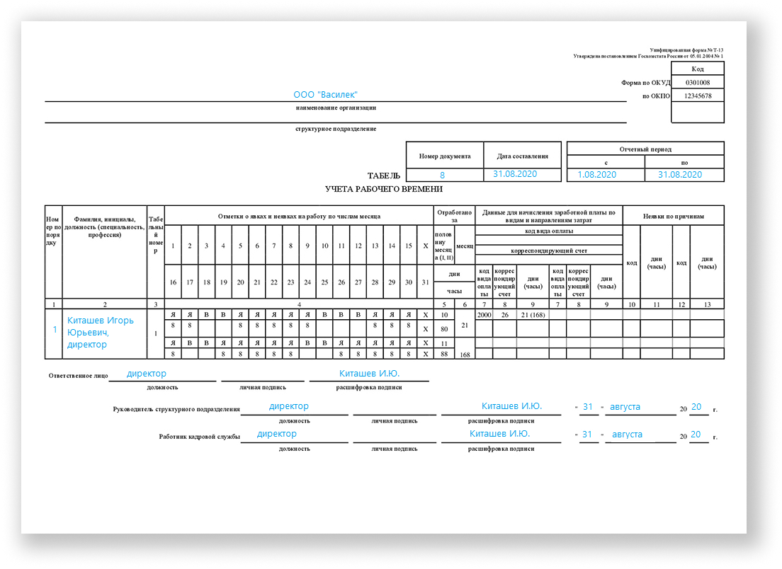 пример составления табеля учета рабочего времени