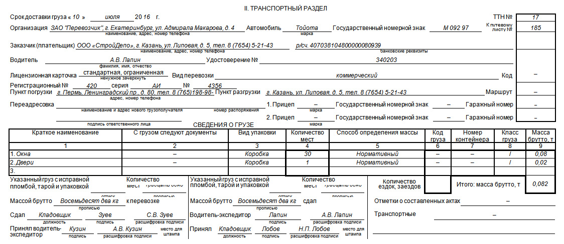 сведения в накладной ТТН